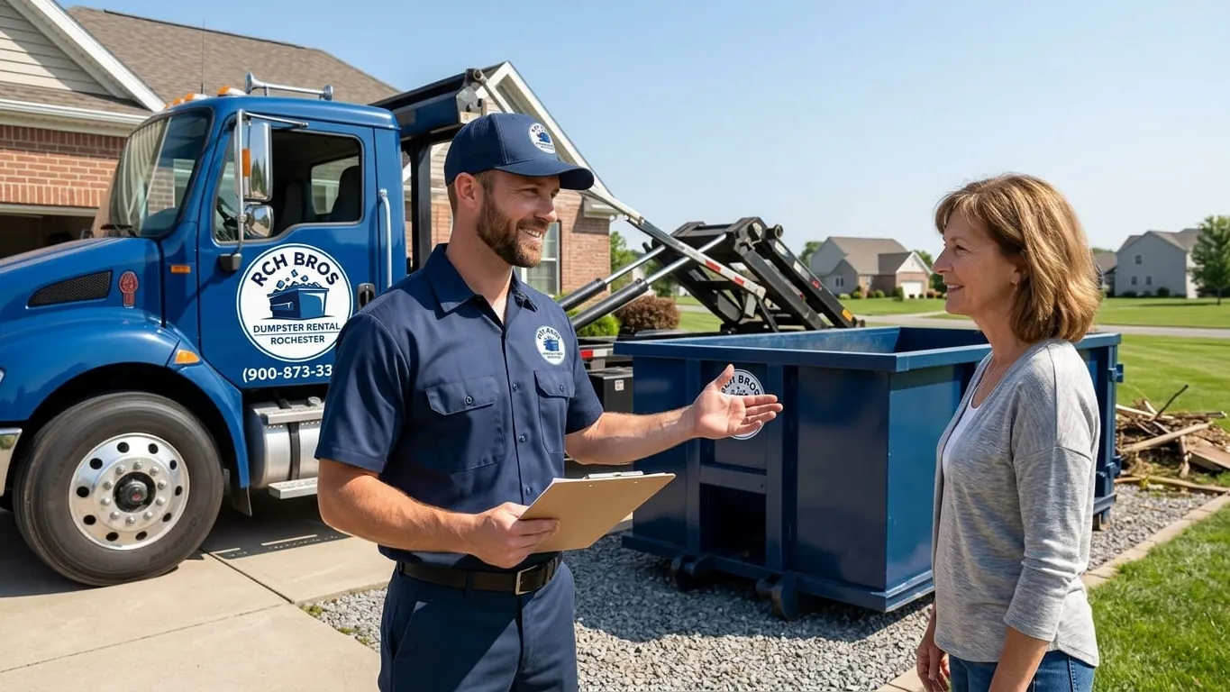 RCH Bros Dumpster Rental team member answering customer questions in Rochester, New York RCH Bros Dumpster Rental team member answering customer questions in Rochester, New York