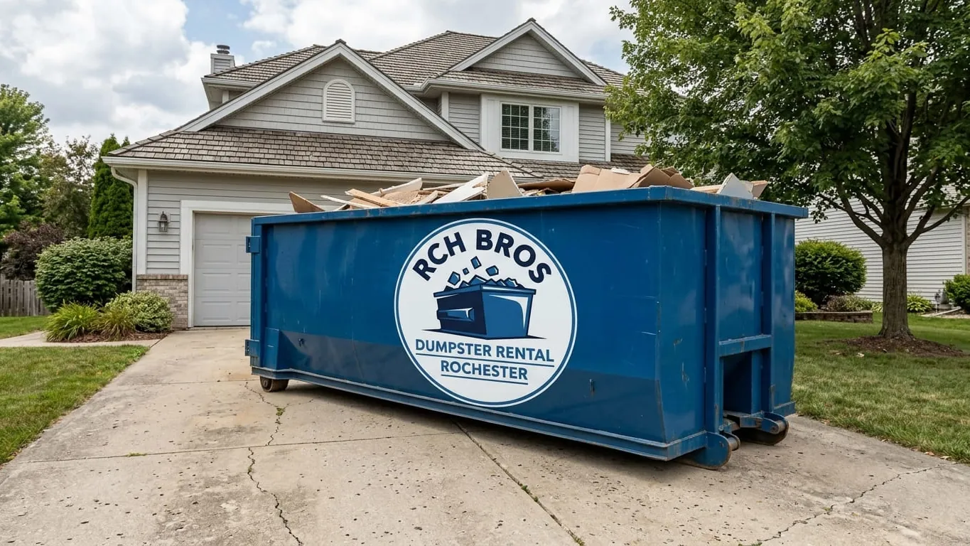 RCH Bros Dumpster Rental crew standing with a roll-off truck and 30 yard dumpster in a Rochester, NY driveway RCH Bros Dumpster Rental crew standing with a roll-off truck and 30 yard dumpster in a Rochester, NY driveway