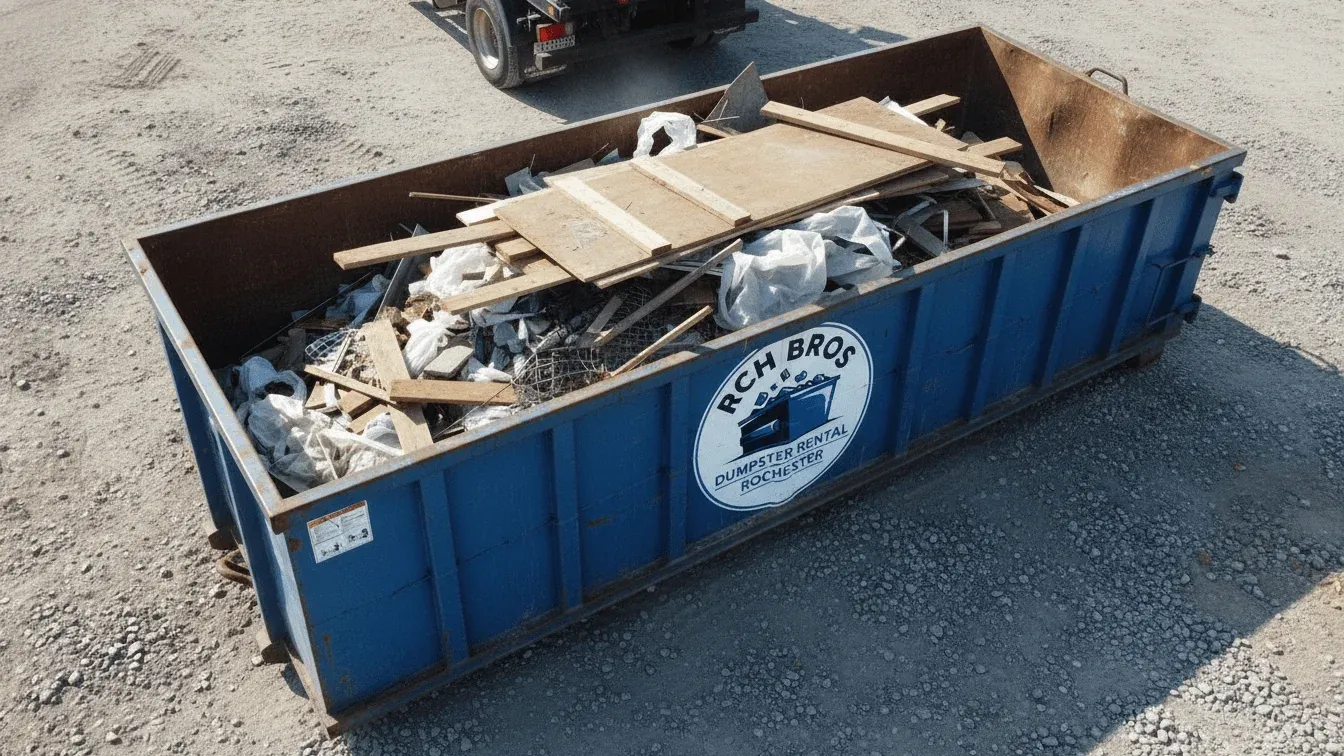 Junk removal dumpsters in Rochester: a 15 yard container on a Maplewood driveway half filled with furniture and boxed household goods, an old television set aside on the lawn to go to the ecopark instead. Junk removal dumpsters in Rochester: a 15 yard container on a Maplewood driveway half filled with furniture and boxed household goods, an old television set aside on the lawn to go to the ecopark instead.