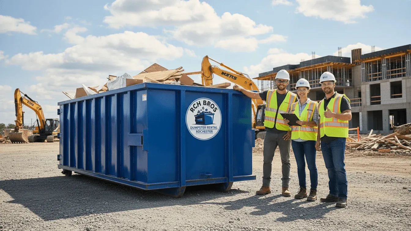 RCH Bros Dumpster Rental team in high-visibility vests at the Rochester yard RCH Bros Dumpster Rental team in high-visibility vests at the Rochester yard
